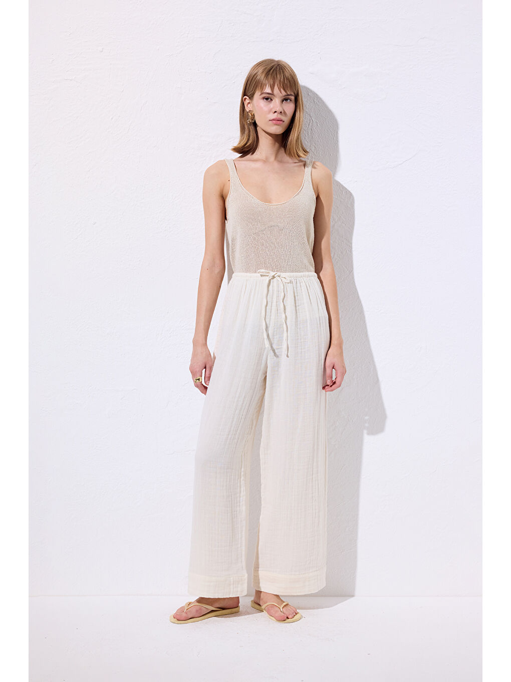 Müslin Bağlamalı Pantolon Bej-3