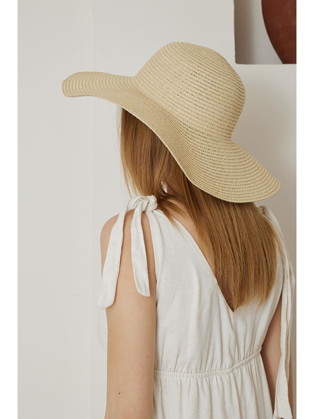 Kadın Bej Geniş Hasır Şapka - Bronte-5