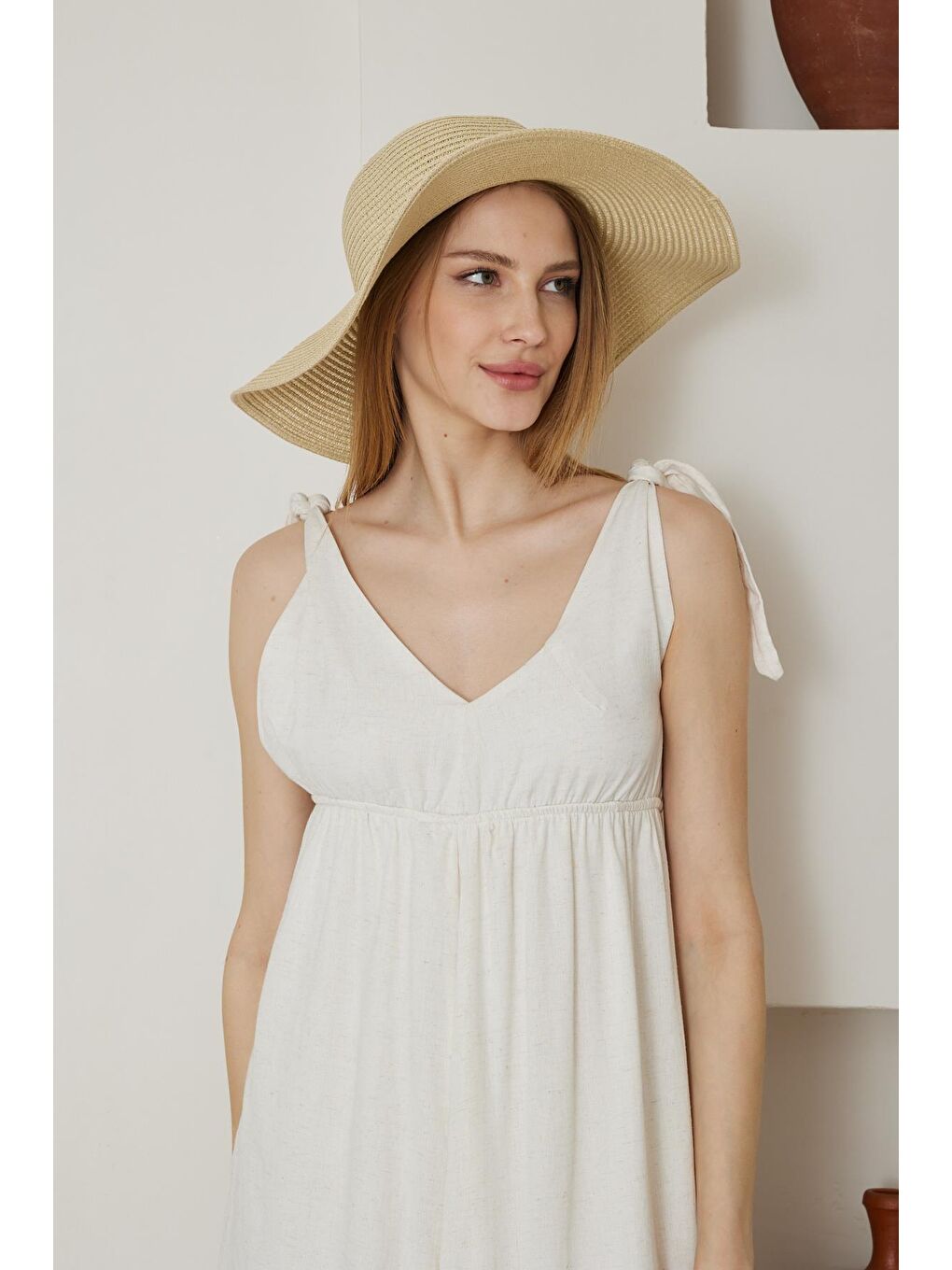 Kadın Bej Geniş Hasır Şapka - Bronte-6