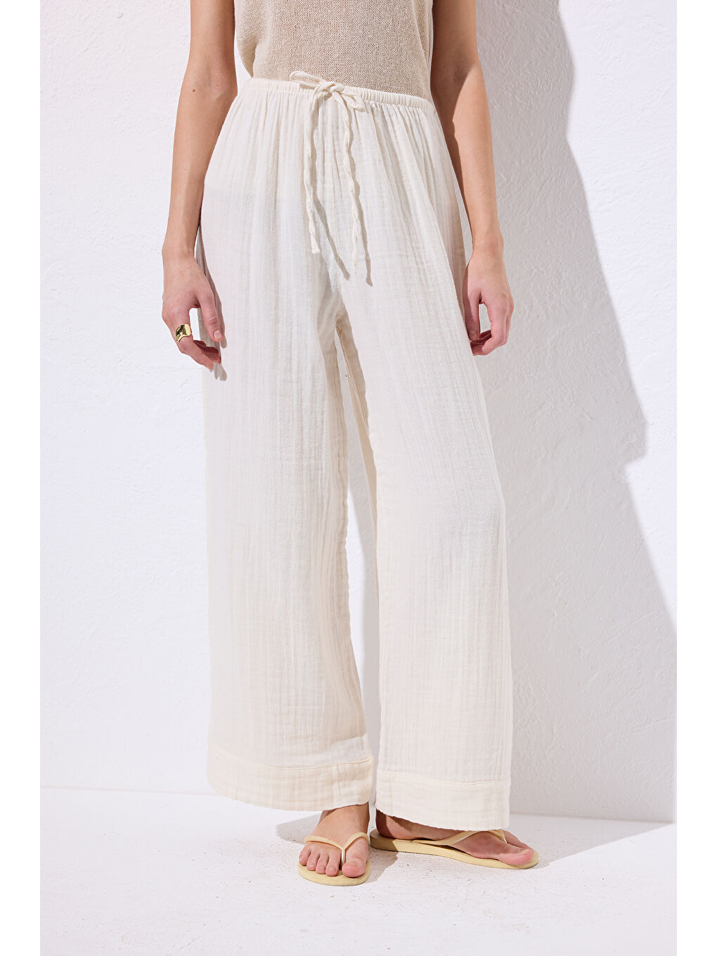 Müslin Bağlamalı Pantolon Bej-4