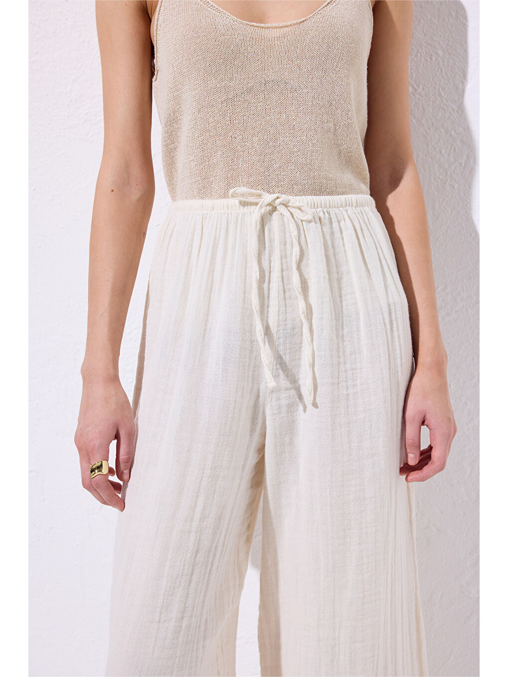 Müslin Bağlamalı Pantolon Bej-5