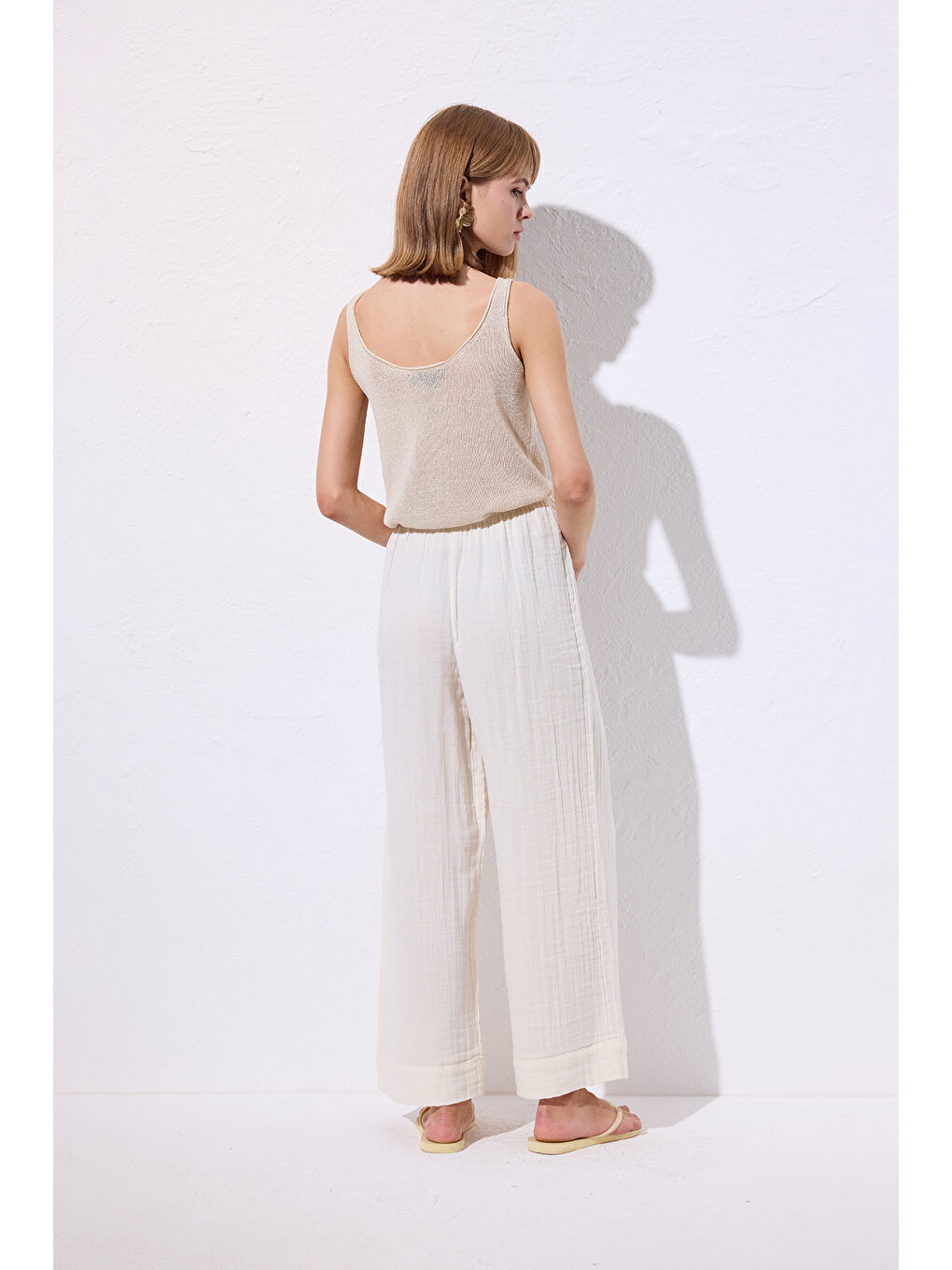 Müslin Bağlamalı Pantolon Bej-6