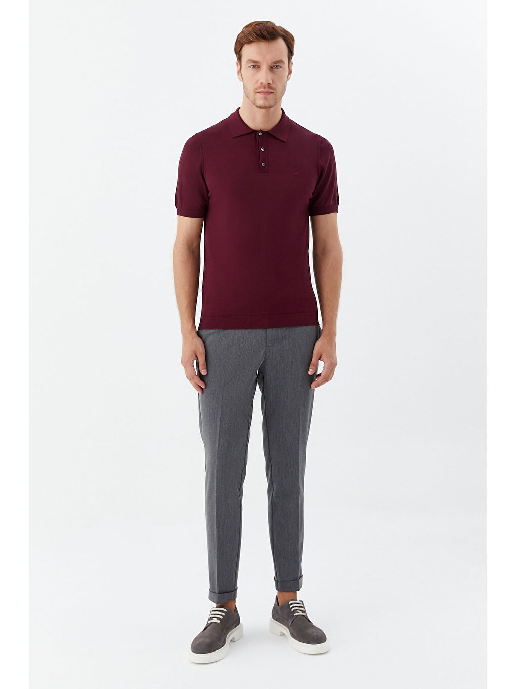 Erkek Bordo Normal Kesim Regular Fit Viskon Dokuma Düğmeli Polo Yaka Tişört-1