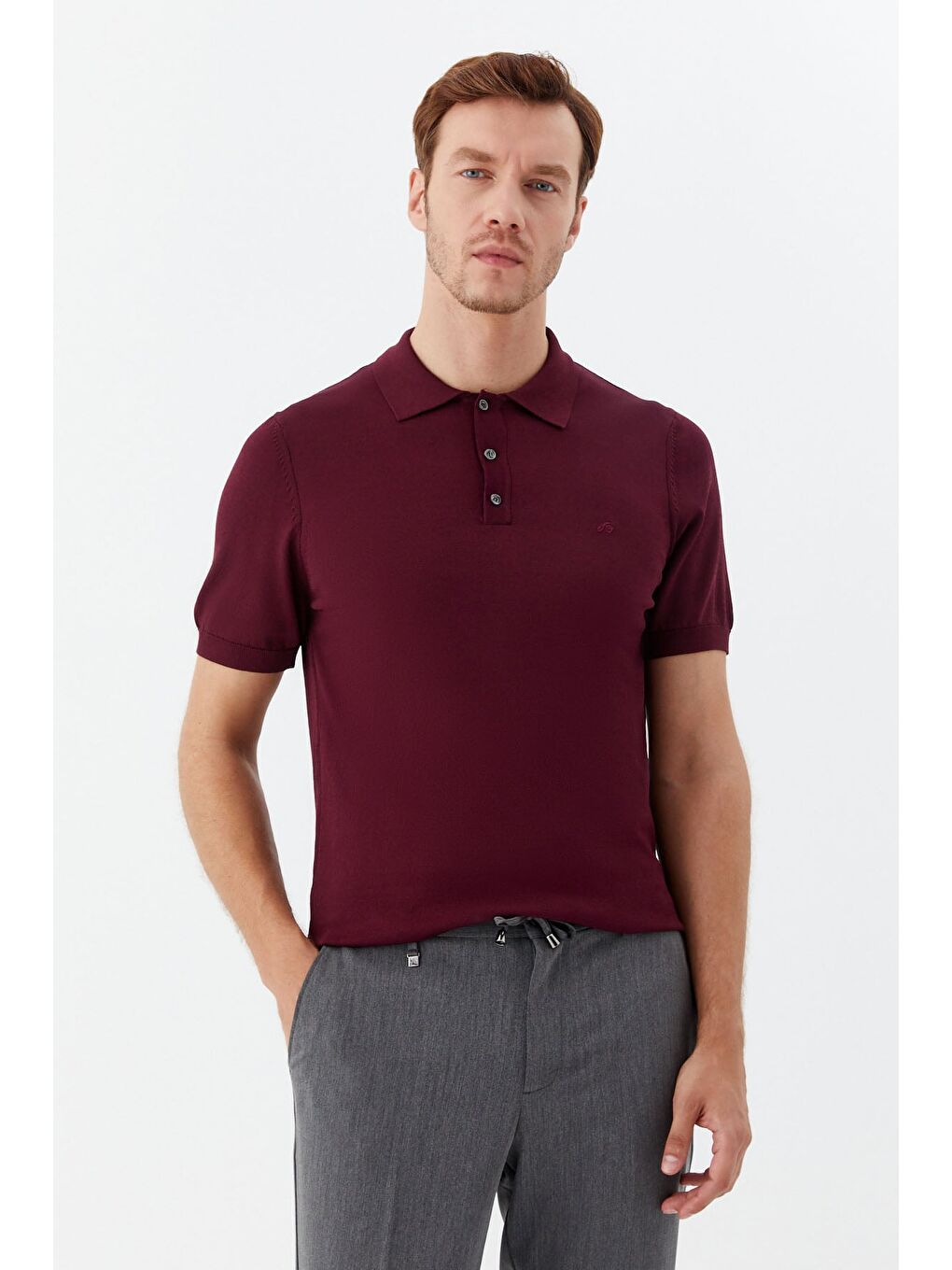 Erkek Bordo Normal Kesim Regular Fit Viskon Dokuma Düğmeli Polo Yaka Tişört-5