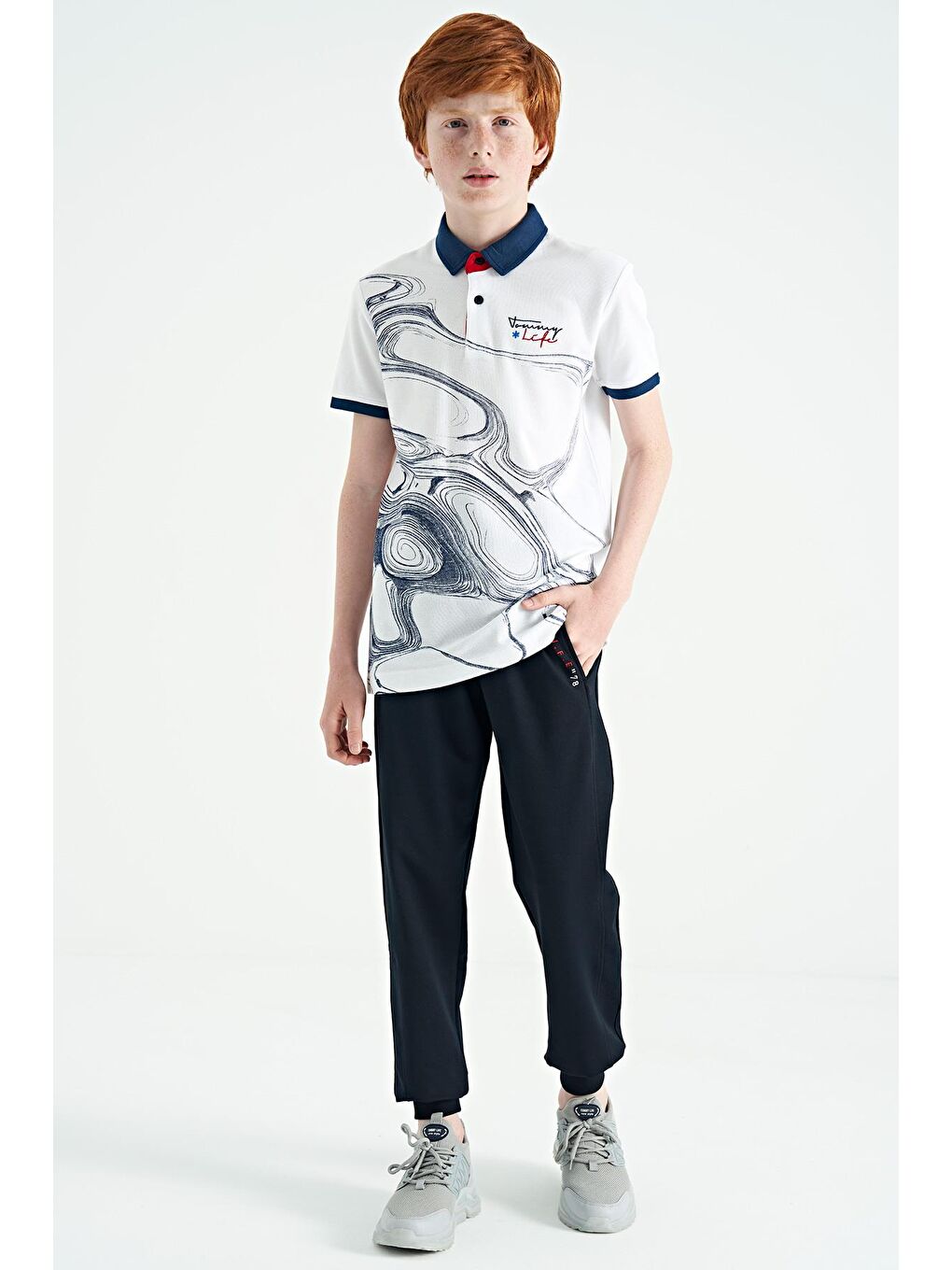 Lacivert Yan Şerit Renk Bloklu Standart Kalıp Jogger Erkek Çocuk Eşofman Alt - 11063-1