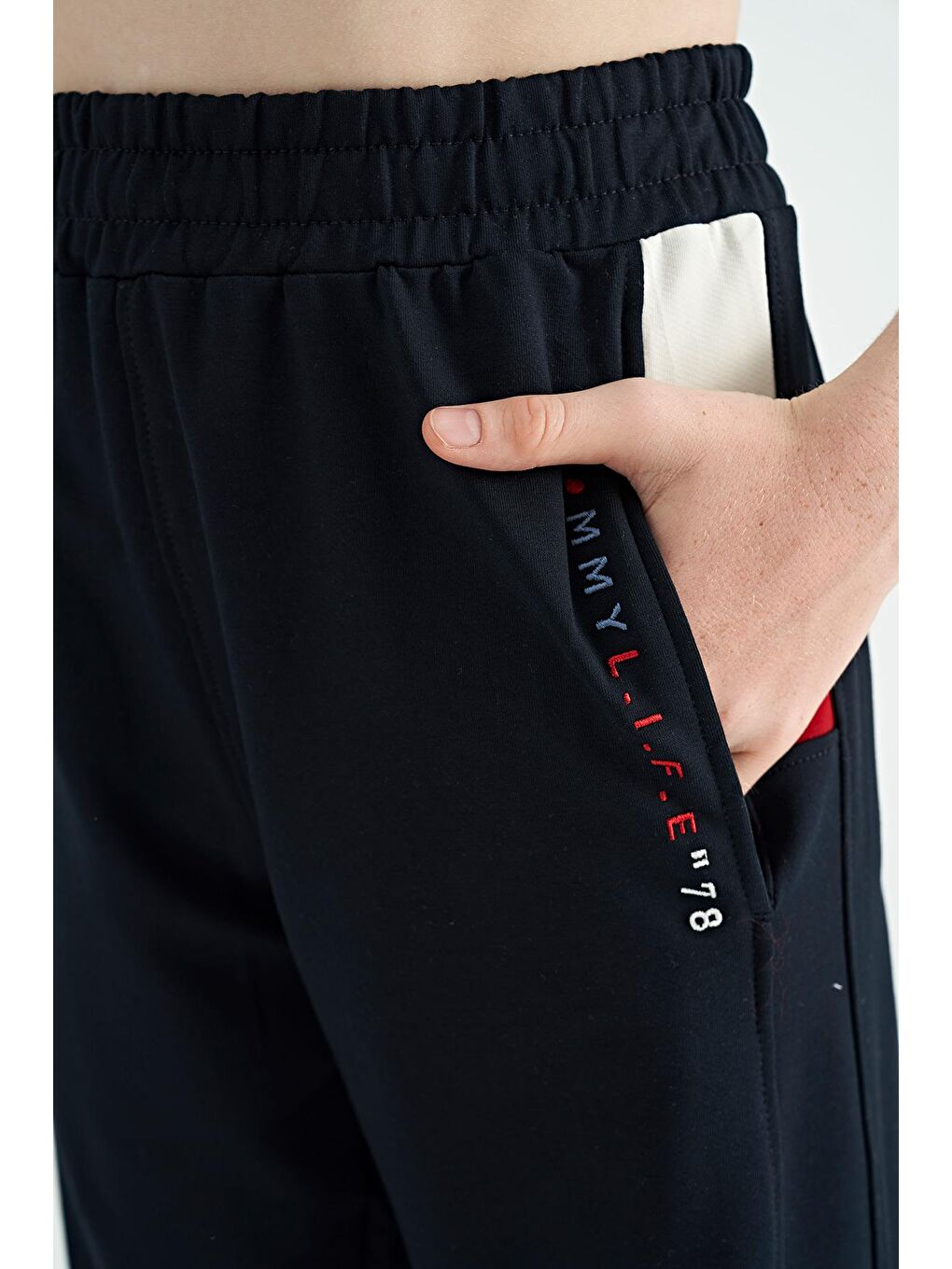 Lacivert Yan Şerit Renk Bloklu Standart Kalıp Jogger Erkek Çocuk Eşofman Alt - 11063-2