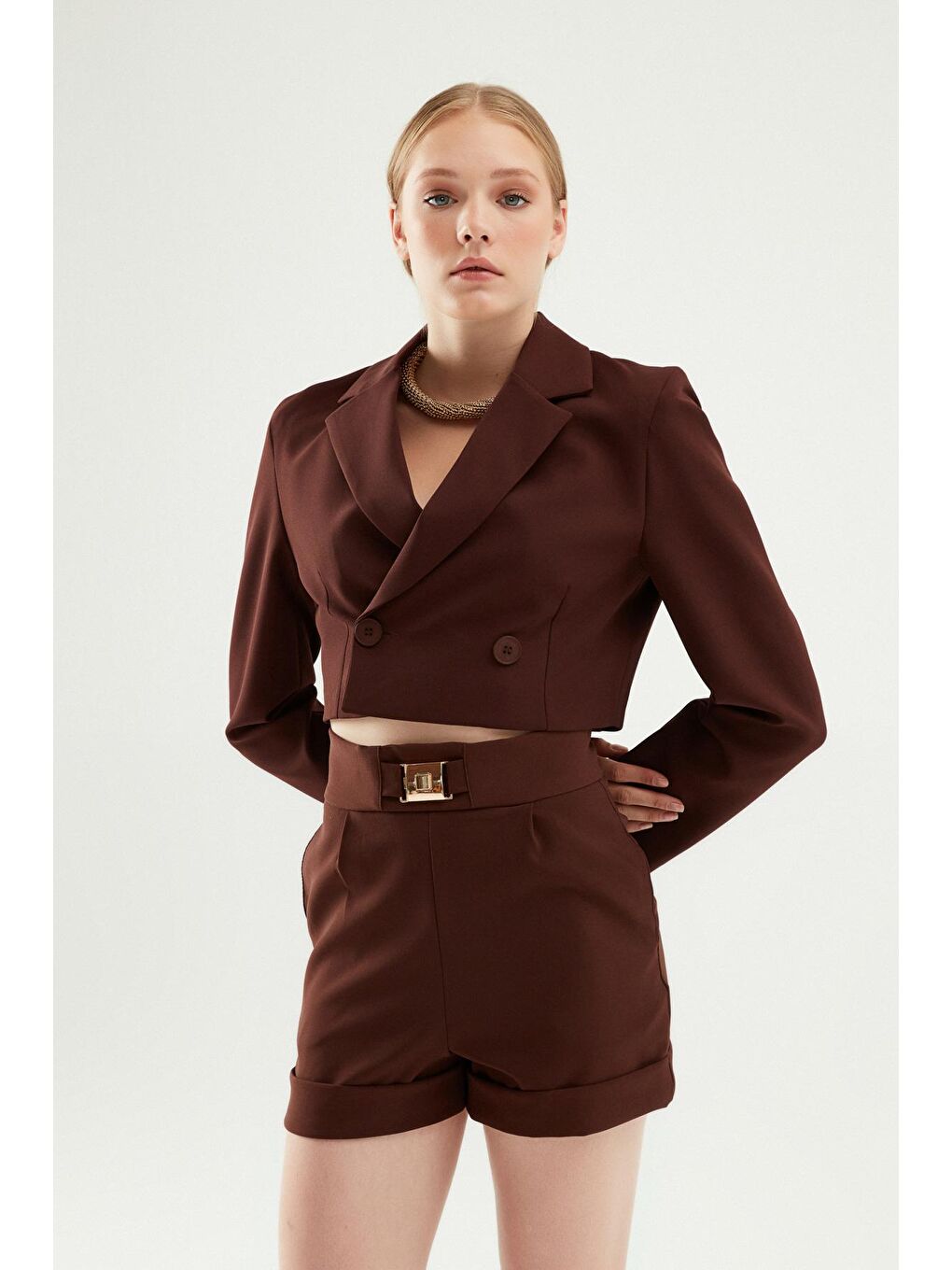 Kahverengi Kruvaze Crop Blazer Ceket Koyu Kahve-2