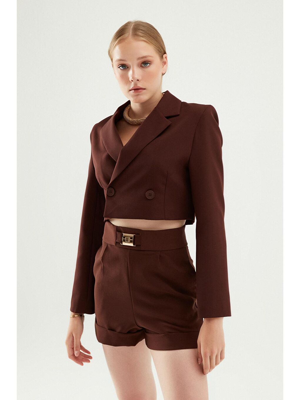 Kahverengi Kruvaze Crop Blazer Ceket Koyu Kahve-3