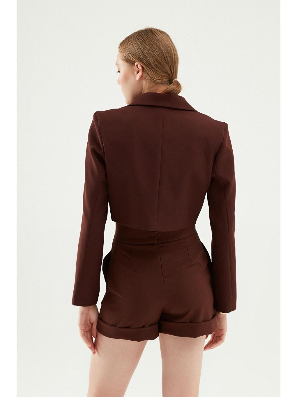 Kahverengi Kruvaze Crop Blazer Ceket Koyu Kahve-4