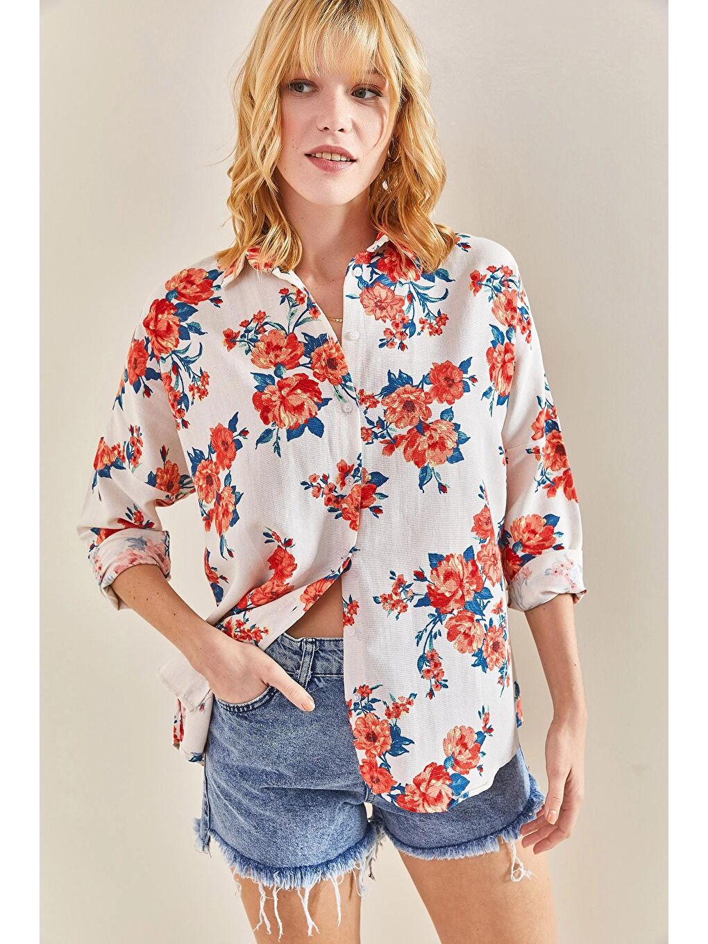 Kırmızı Kadın Desenli Keten Gömlek-1