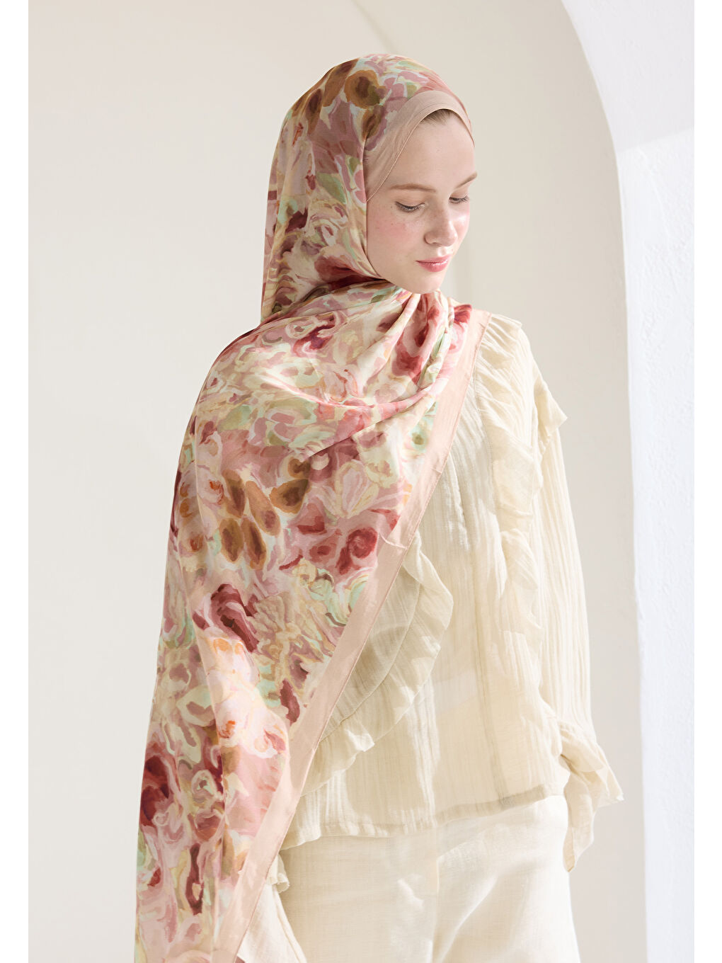 Pembe Astra Floş Viskon Şal Gül Kurusu-2