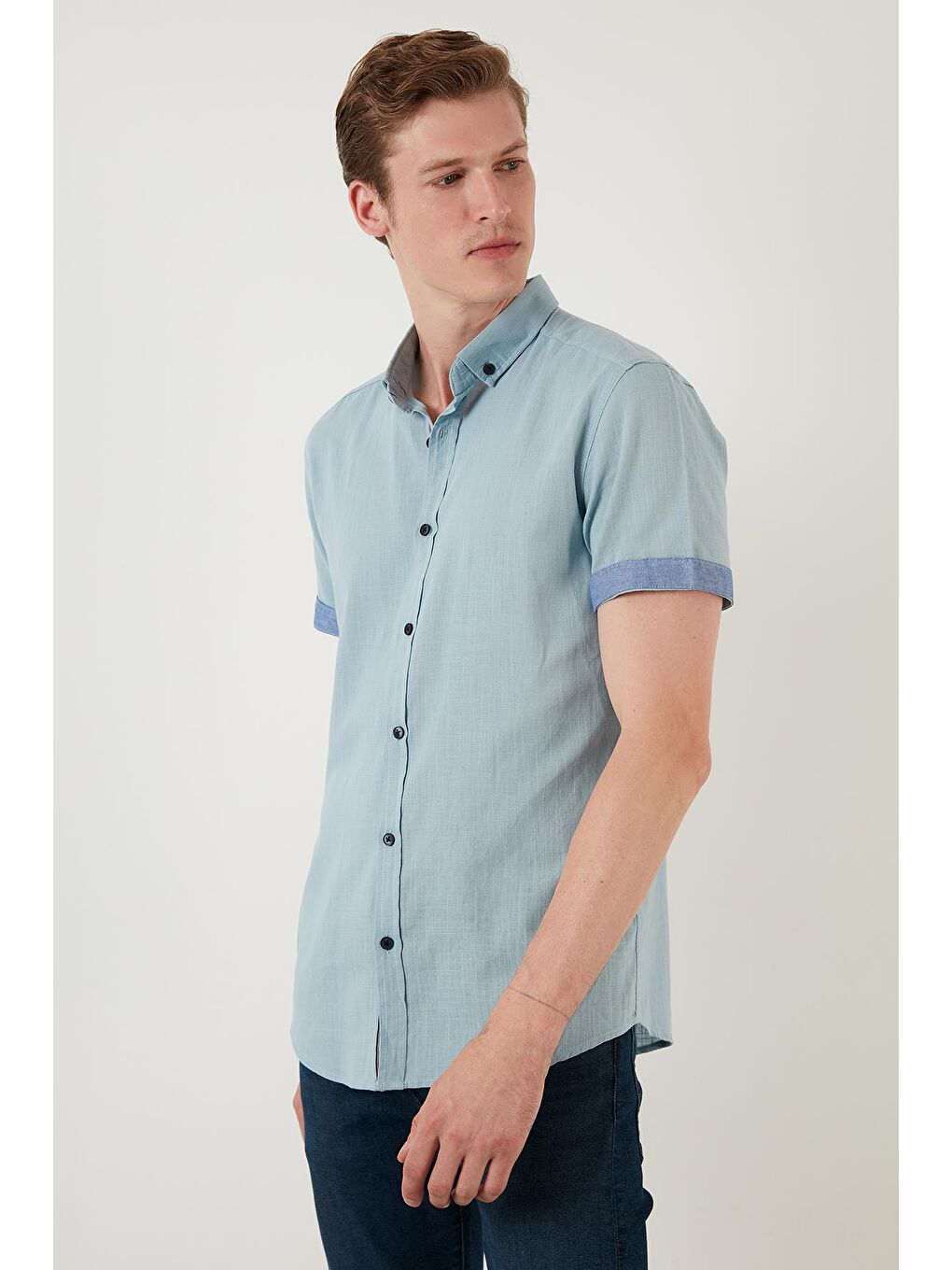 Turkuaz Pamuklu Düğmeli Yaka Kısa Kollu Gömlek CF21S112546-3