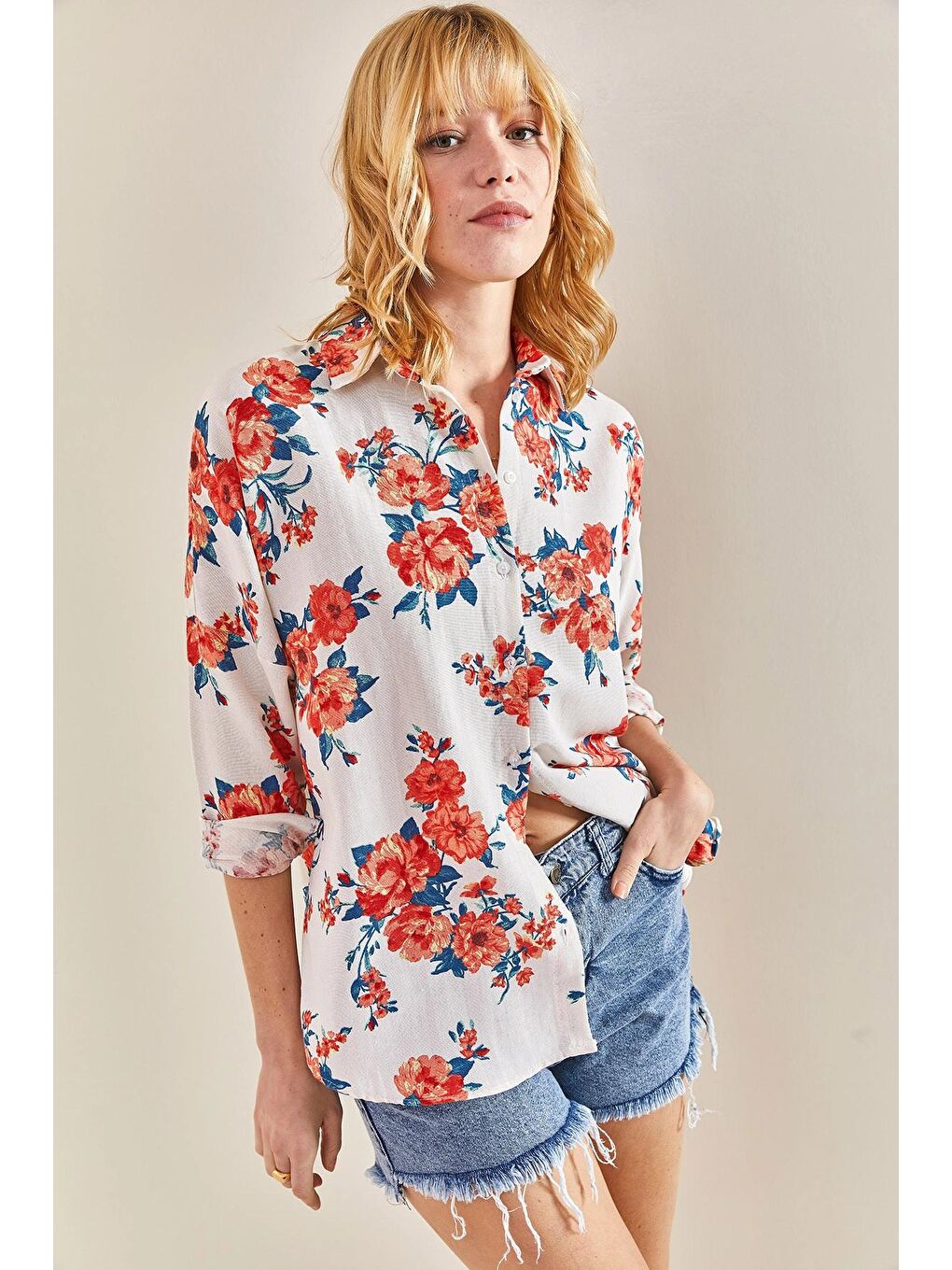 Kırmızı Kadın Desenli Keten Gömlek-3