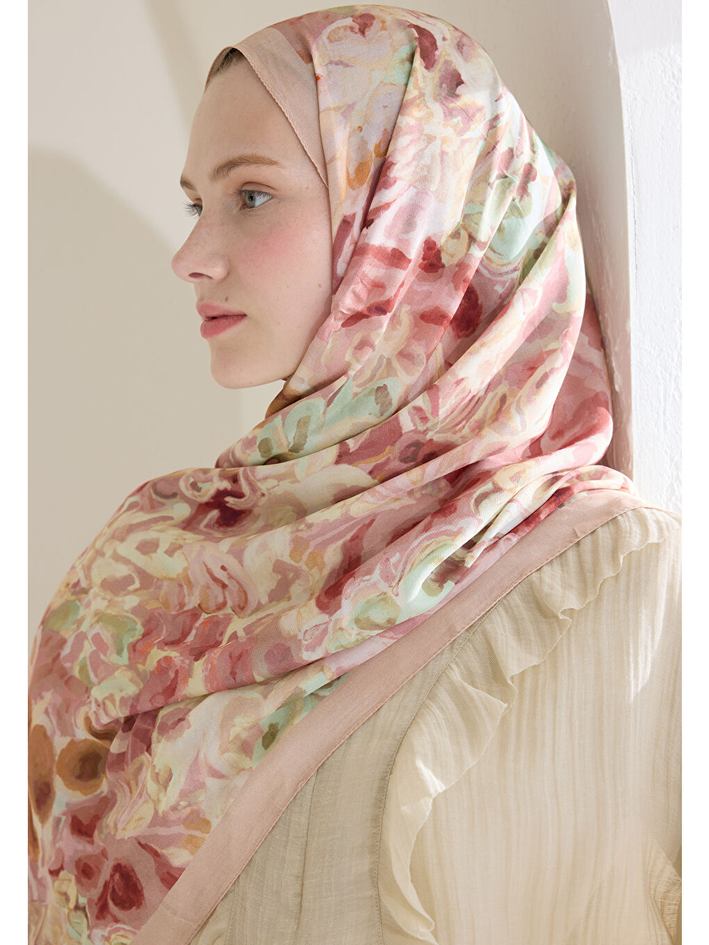 Pembe Astra Floş Viskon Şal Gül Kurusu-3