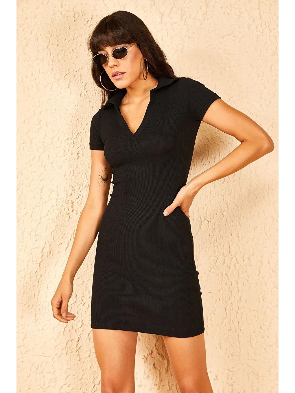 Siyah Kadın Polo Yaka Kaşkorse Elbise-3