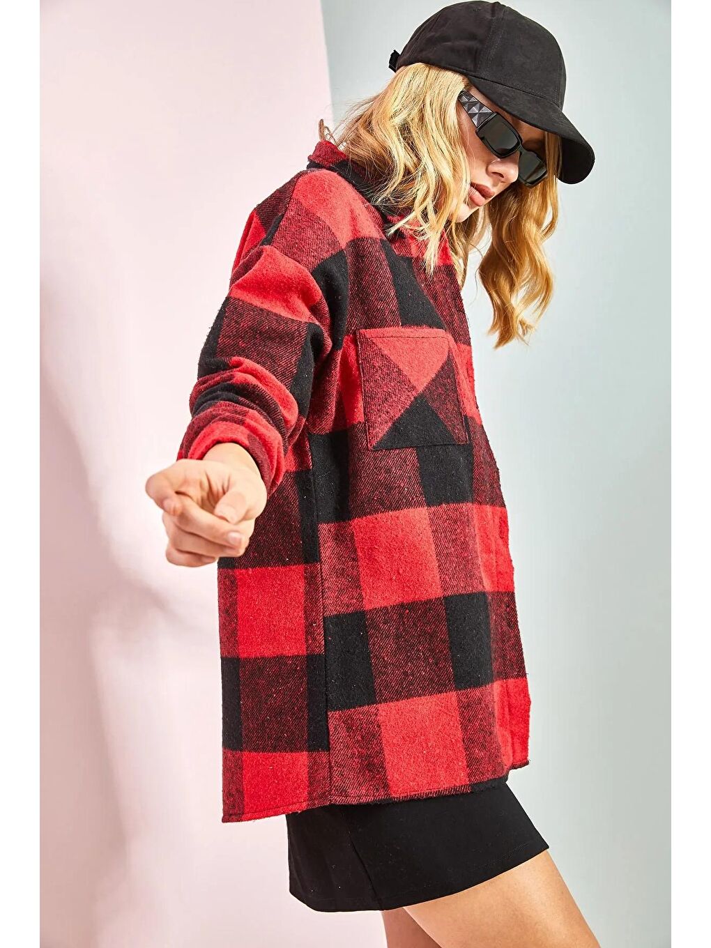 Siyah Kadın Cepli Kaşe Oduncu Gömlek-4