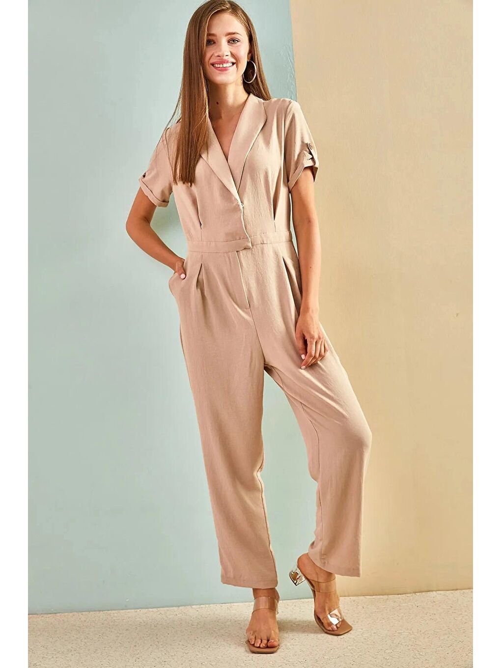 Bej Kadın Kolu Apoletli Ayrobin Tulum 6005