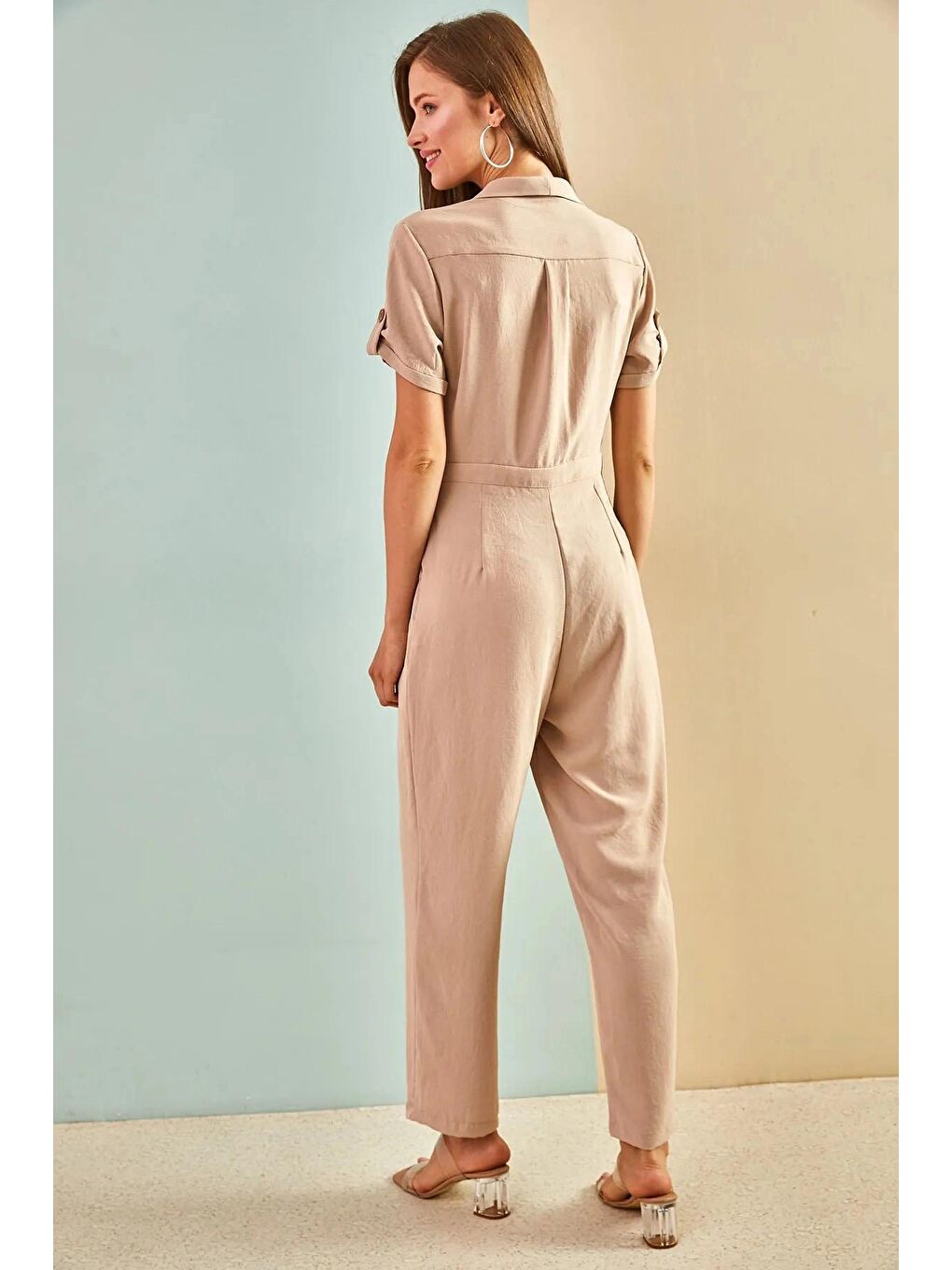 Bej Kadın Kolu Apoletli Ayrobin Tulum 6005-1