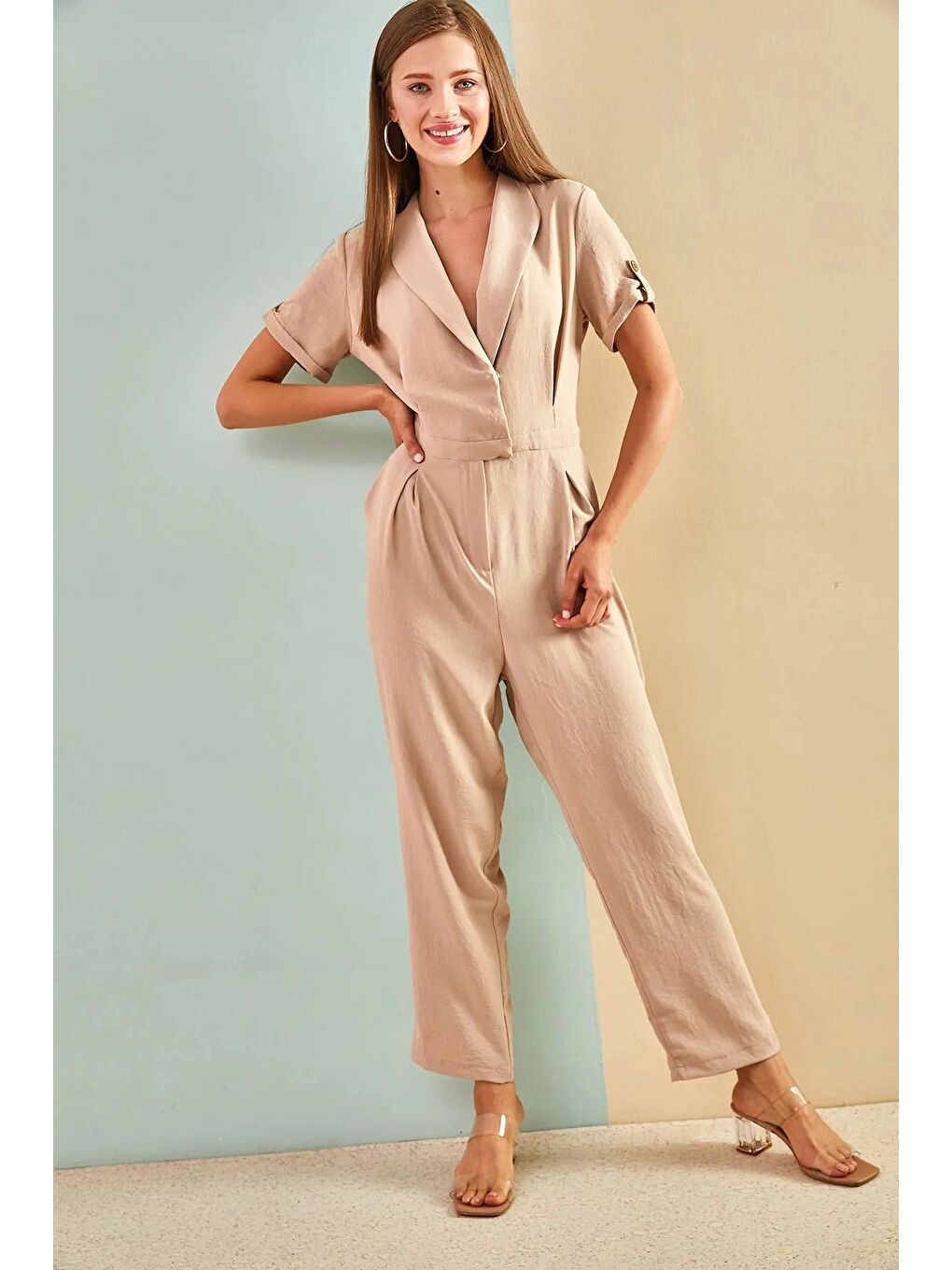 Bej Kadın Kolu Apoletli Ayrobin Tulum 6005-2