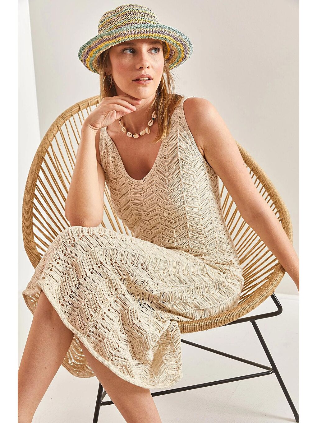 Bej Kadın Askılı Ajurlu Yazlık Triko Elbise-2