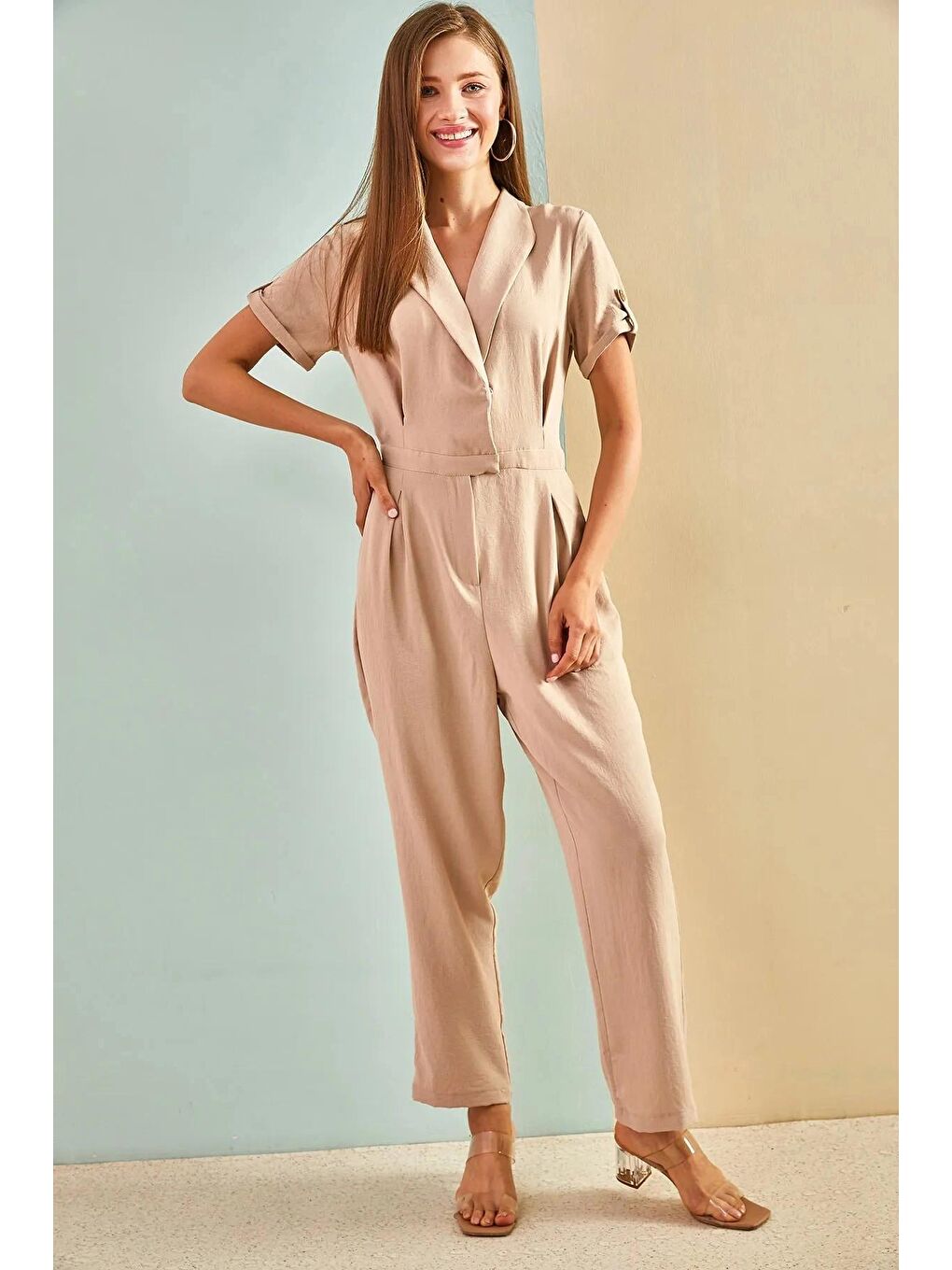 Bej Kadın Kolu Apoletli Ayrobin Tulum 6005-3