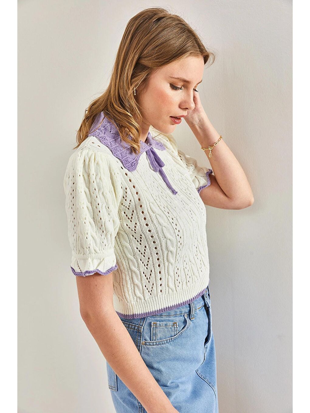 Bej Kadın Bebe Yaka Kısa Kollu Saç Örgü Triko Kazak-1