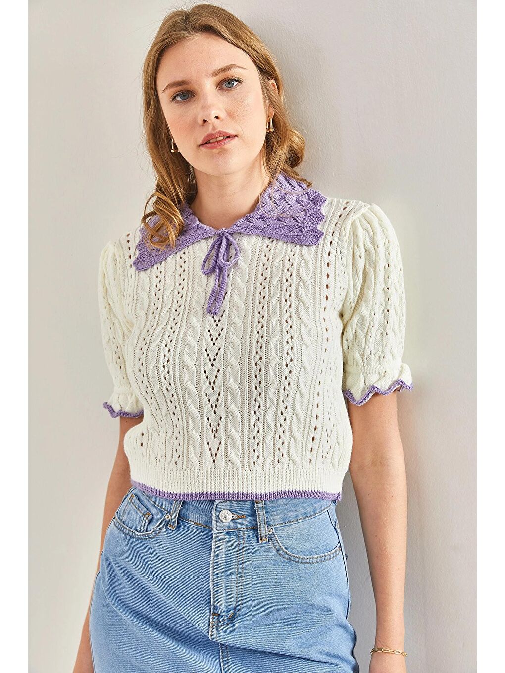 Bej Kadın Bebe Yaka Kısa Kollu Saç Örgü Triko Kazak-2