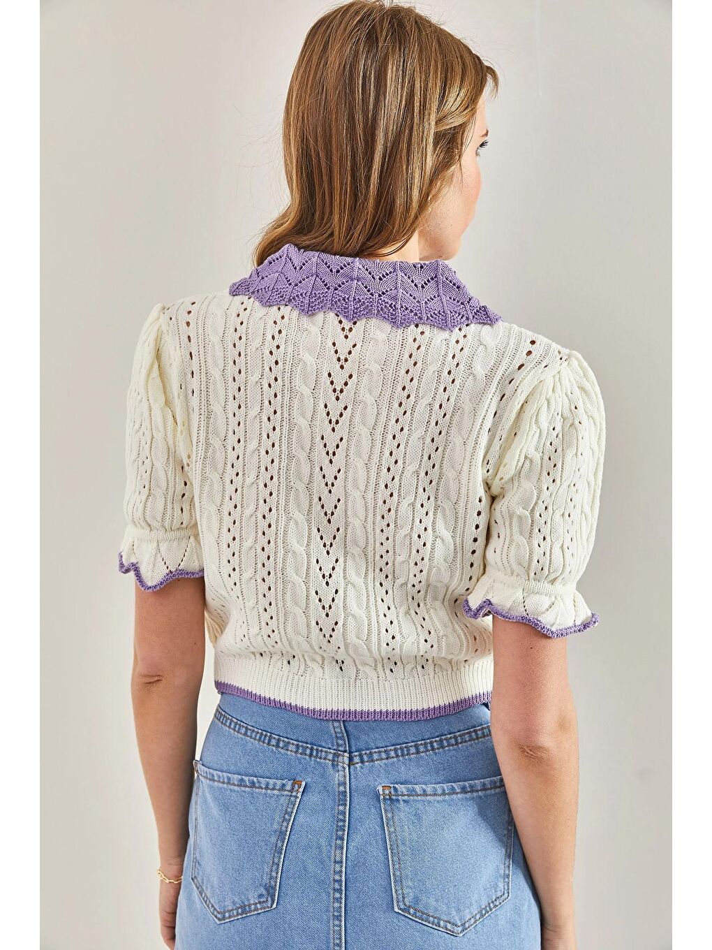 Bej Kadın Bebe Yaka Kısa Kollu Saç Örgü Triko Kazak-3