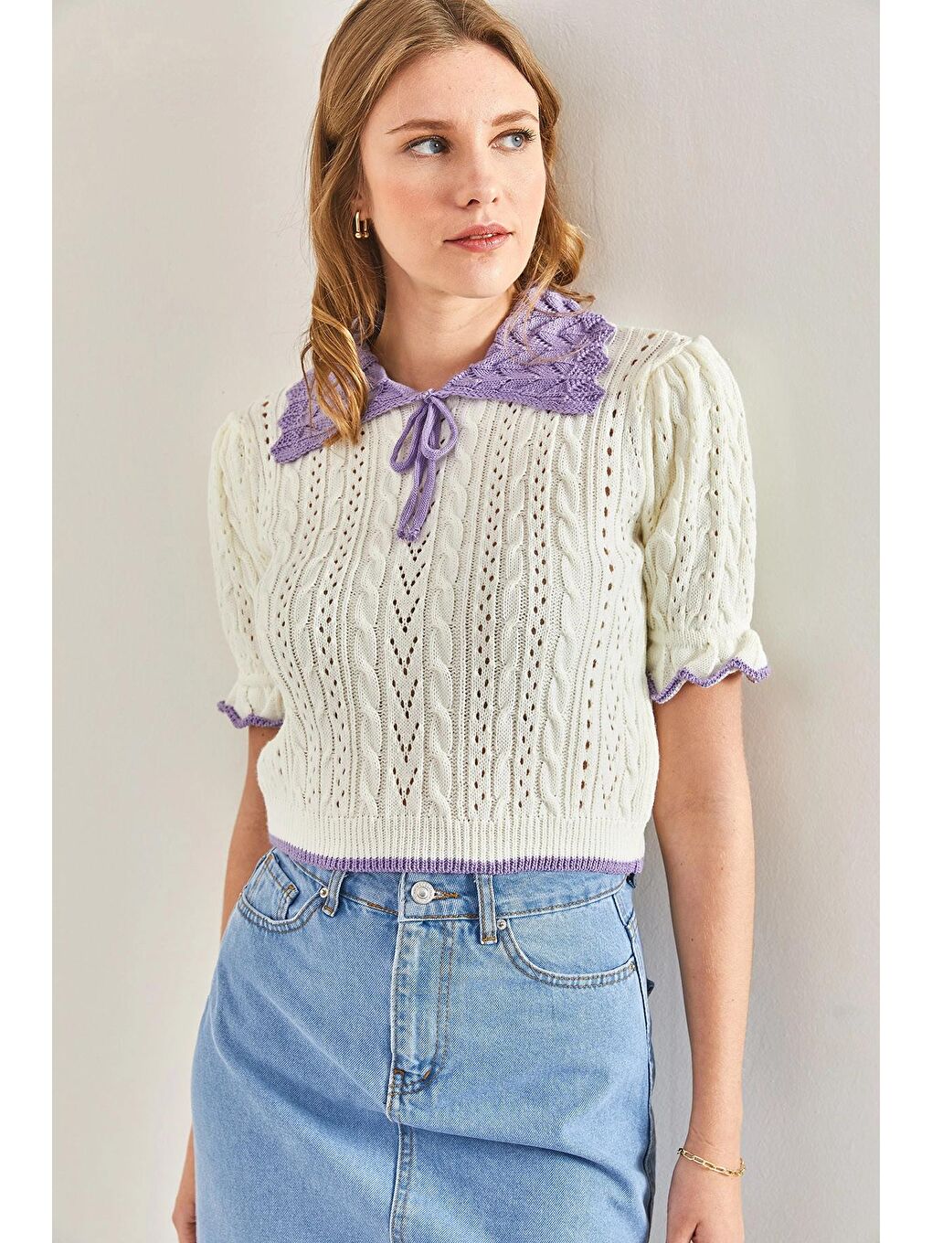 Bej Kadın Bebe Yaka Kısa Kollu Saç Örgü Triko Kazak-4