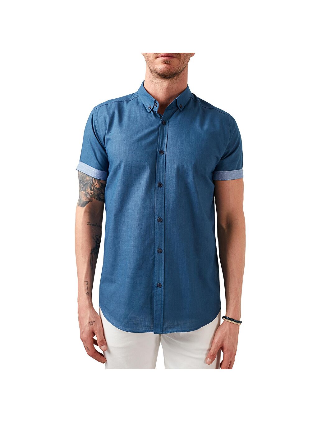 İndigo Pamuklu Düğmeli Yaka Kısa Kollu Gömlek CF21S112546-4