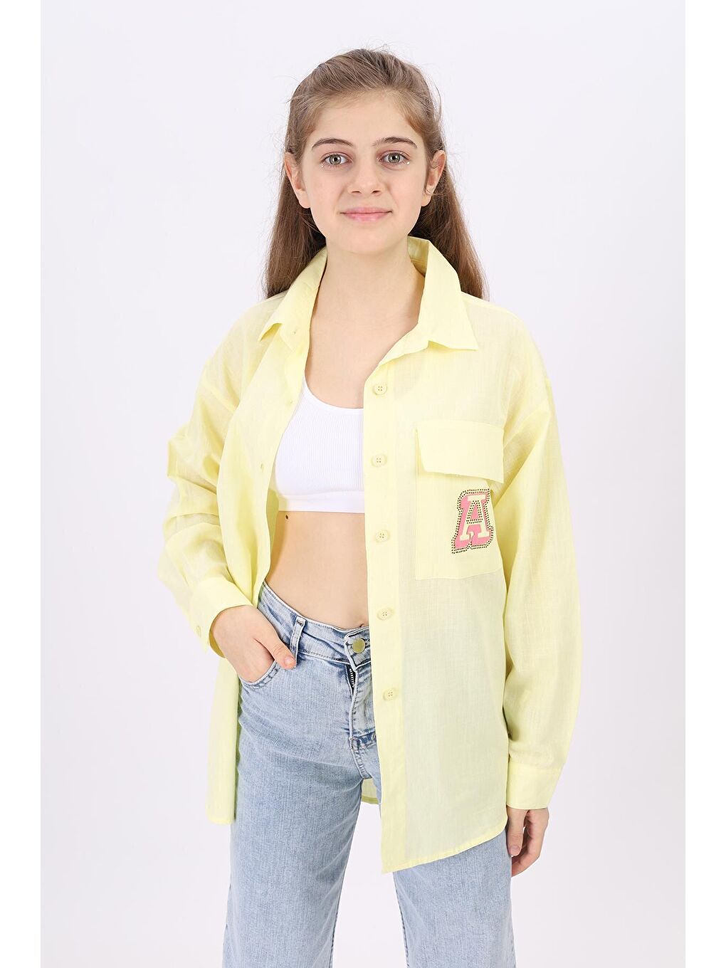 Sarı Kız Çocuk A Baskılı Keten Gömlek 9-14 Yaş Lx185