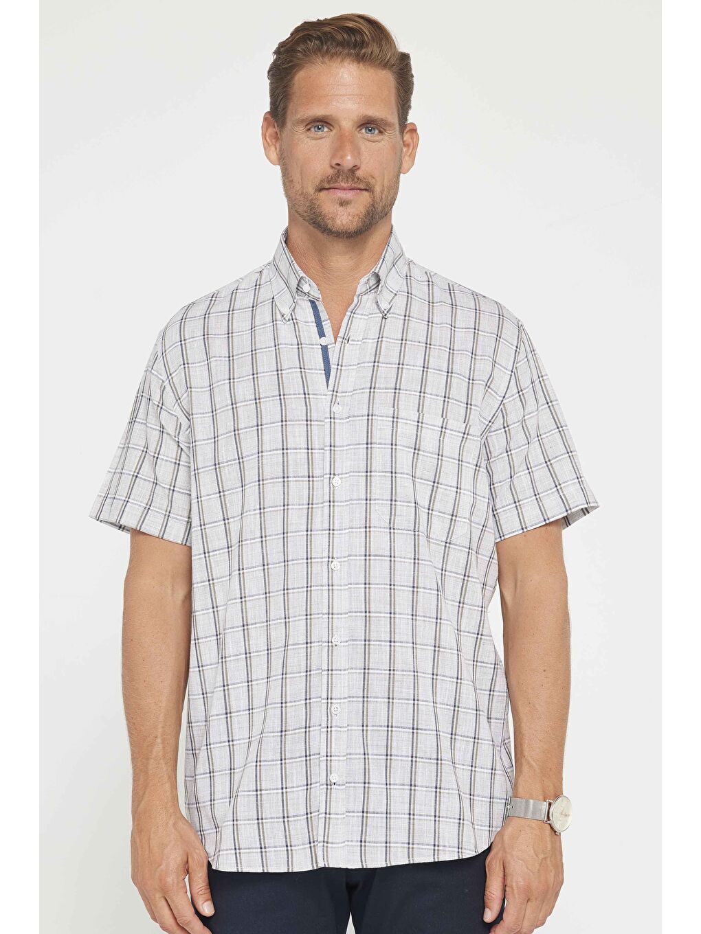 Karışık Erkek Regular Fit Klasik Kesim %100 Pamuk Keten Doku Tek Cepli Kareli Düğmeli Yaka Gömlek-1
