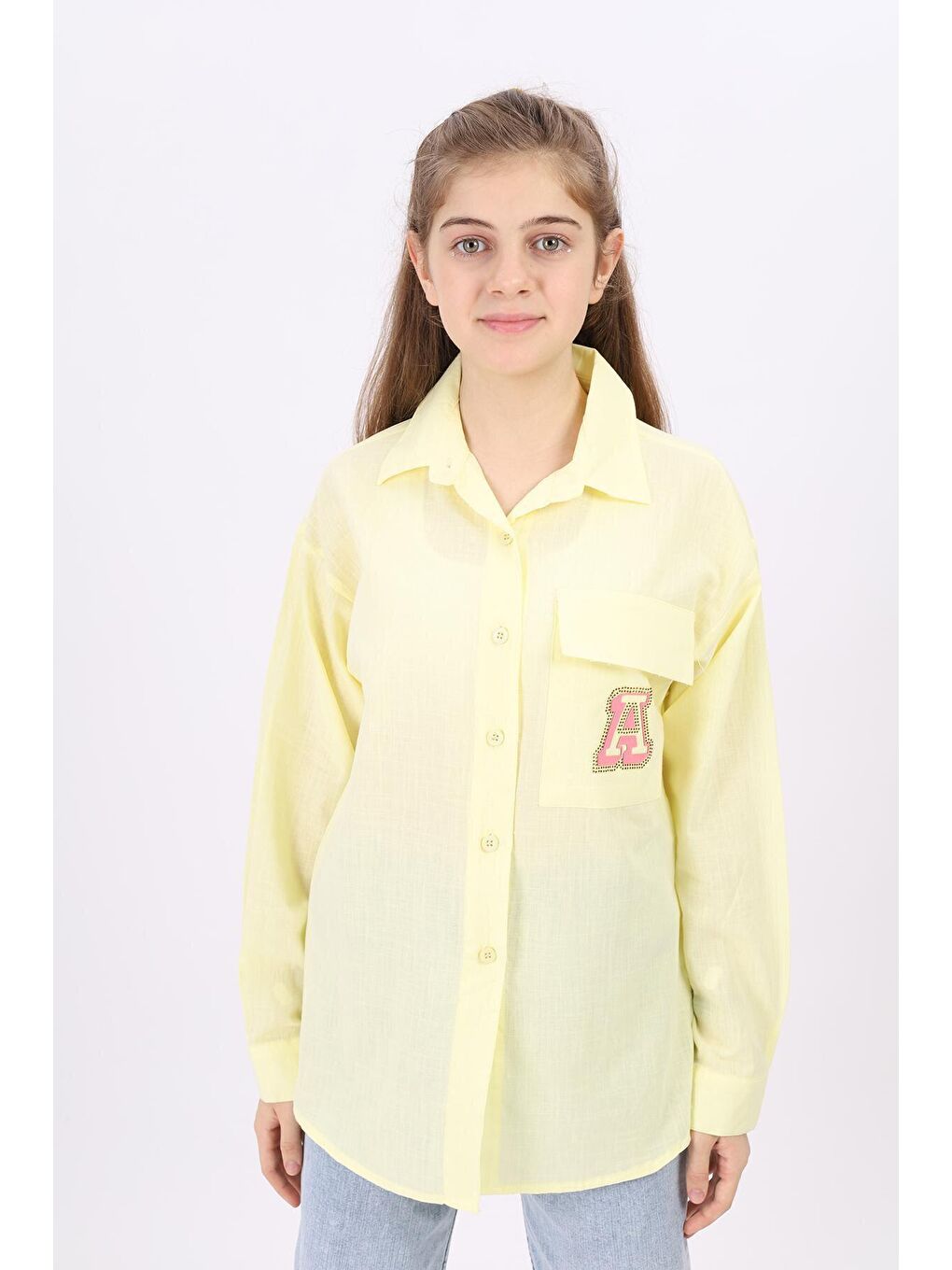 Sarı Kız Çocuk A Baskılı Keten Gömlek 9-14 Yaş Lx185-2