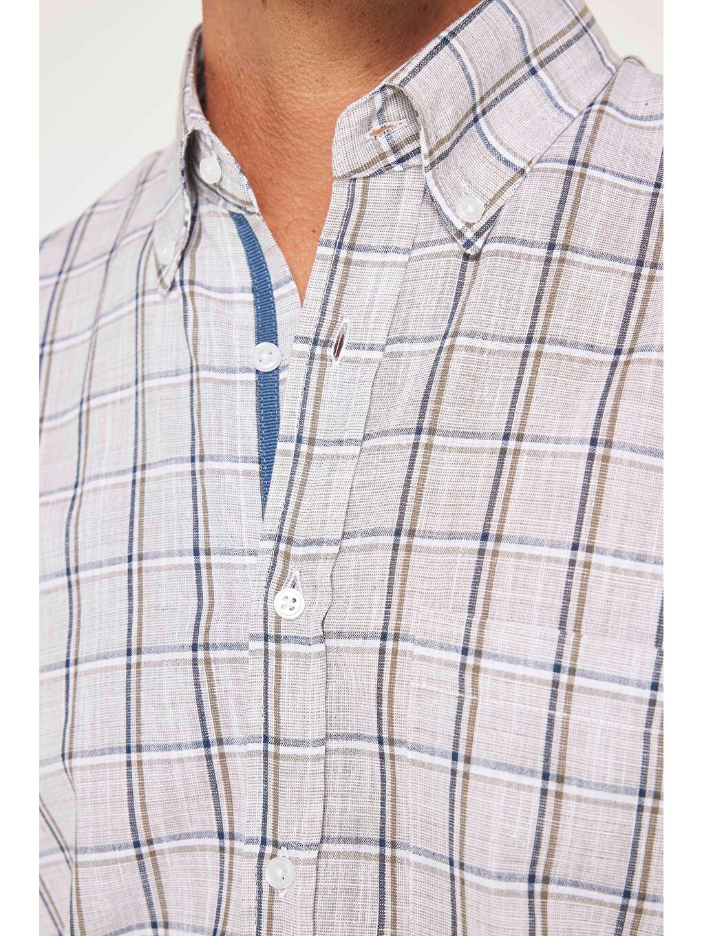 Karışık Erkek Regular Fit Klasik Kesim %100 Pamuk Keten Doku Tek Cepli Kareli Düğmeli Yaka Gömlek-3