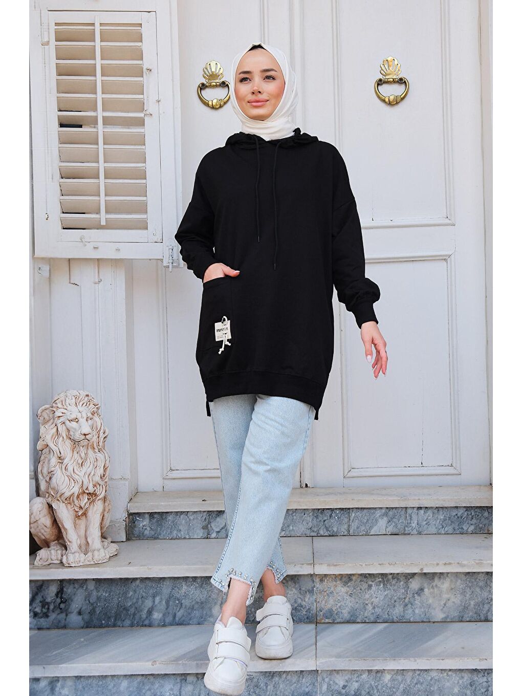 Kapüşonlu Tek Cepli Sweat Siyah-1
