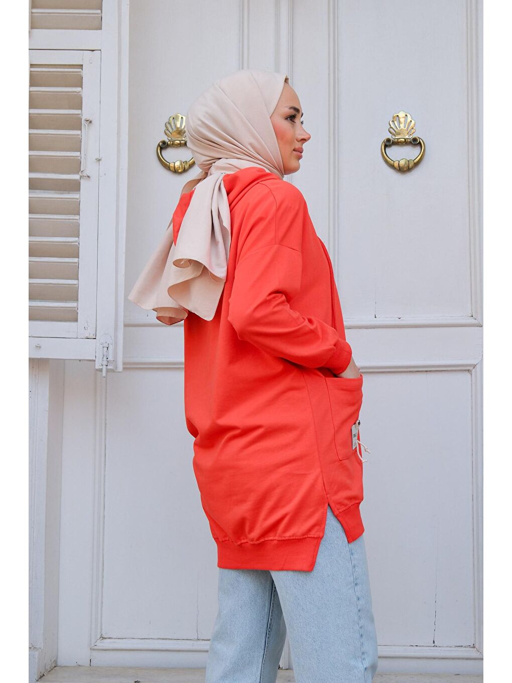 Kırmızı Kapüşonlu Tek Cepli Sweat Nar Çiçeği-2