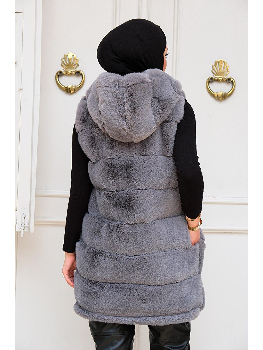Kapüşonlu Peluş Kürk Yelek Gri-3