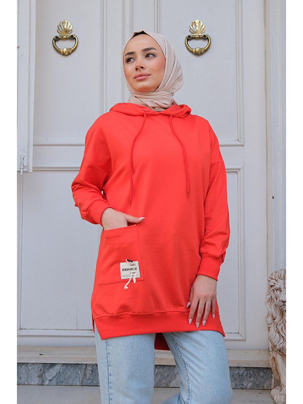 Kırmızı Kapüşonlu Tek Cepli Sweat Nar Çiçeği-3