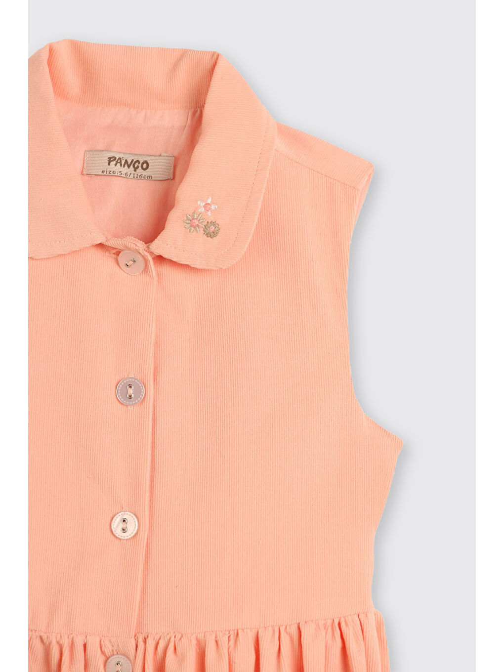 Pembe Kız Çocuk Yakası Nakış Detaylı Kadife Pudra Elbise-2