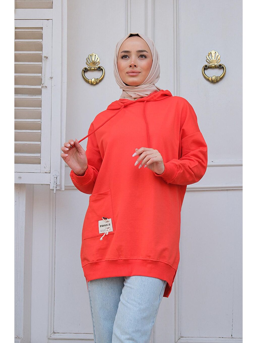 Kırmızı Kapüşonlu Tek Cepli Sweat Nar Çiçeği-4