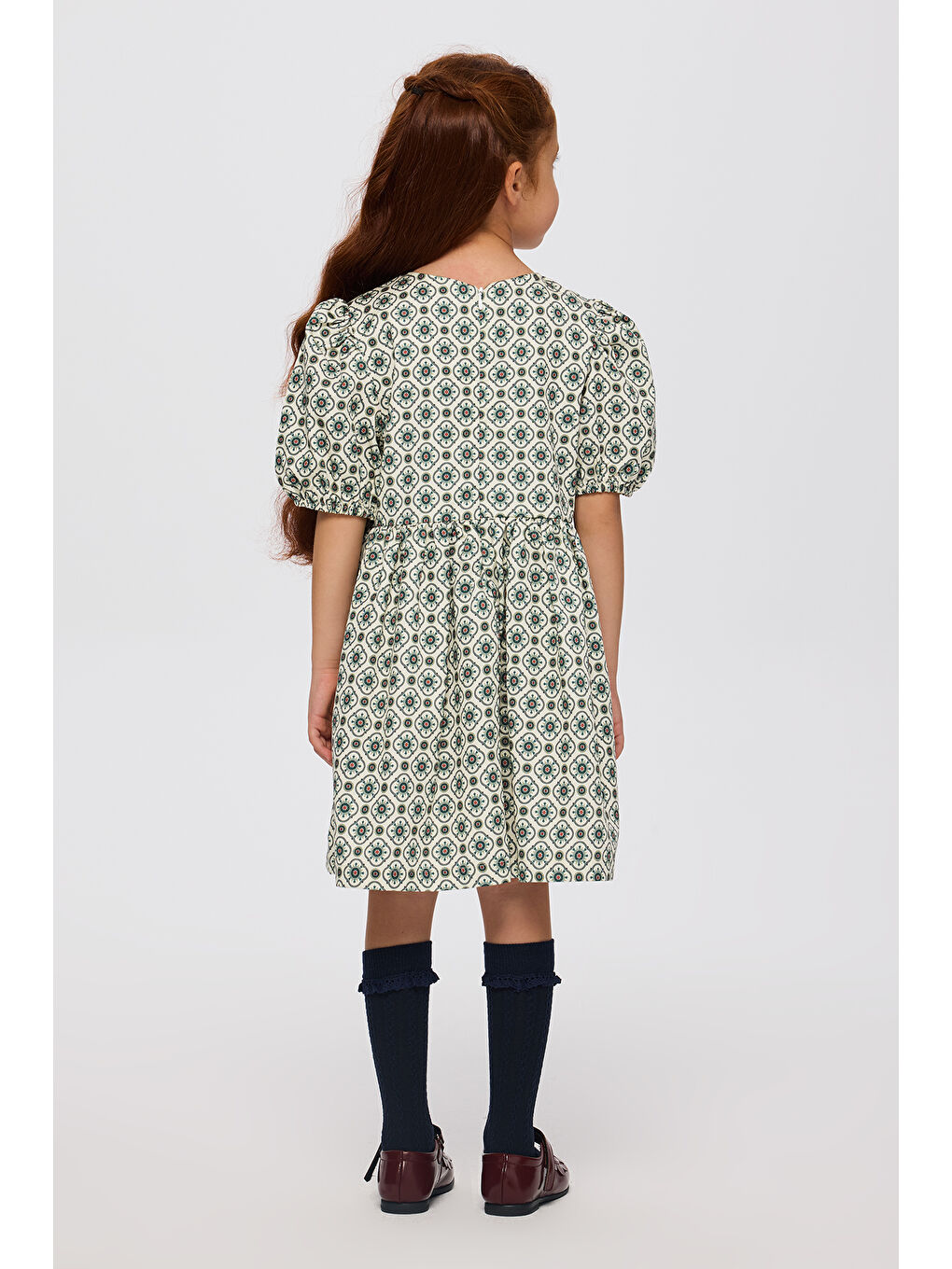 Kız Çocuk Kol Ucu Lastik Detaylı Gizli Fermuarlı Pamuk Astarlı Yeşil Elbise-6