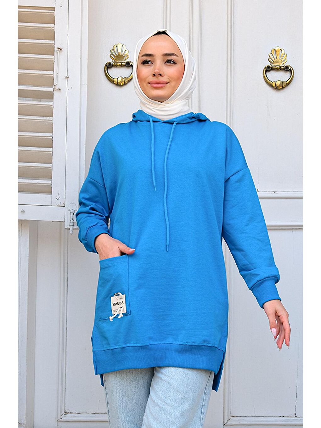 Kapüşonlu Tek Cepli Sweat Mavi