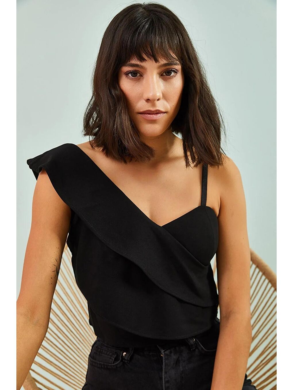 Siyah Kadın Tek Omuz Desenli Bluz-3