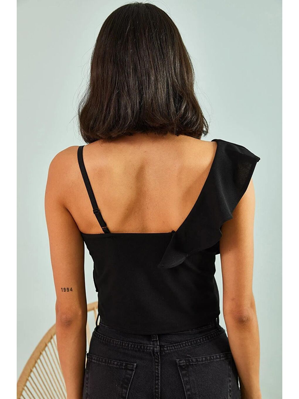 Siyah Kadın Tek Omuz Desenli Bluz-4