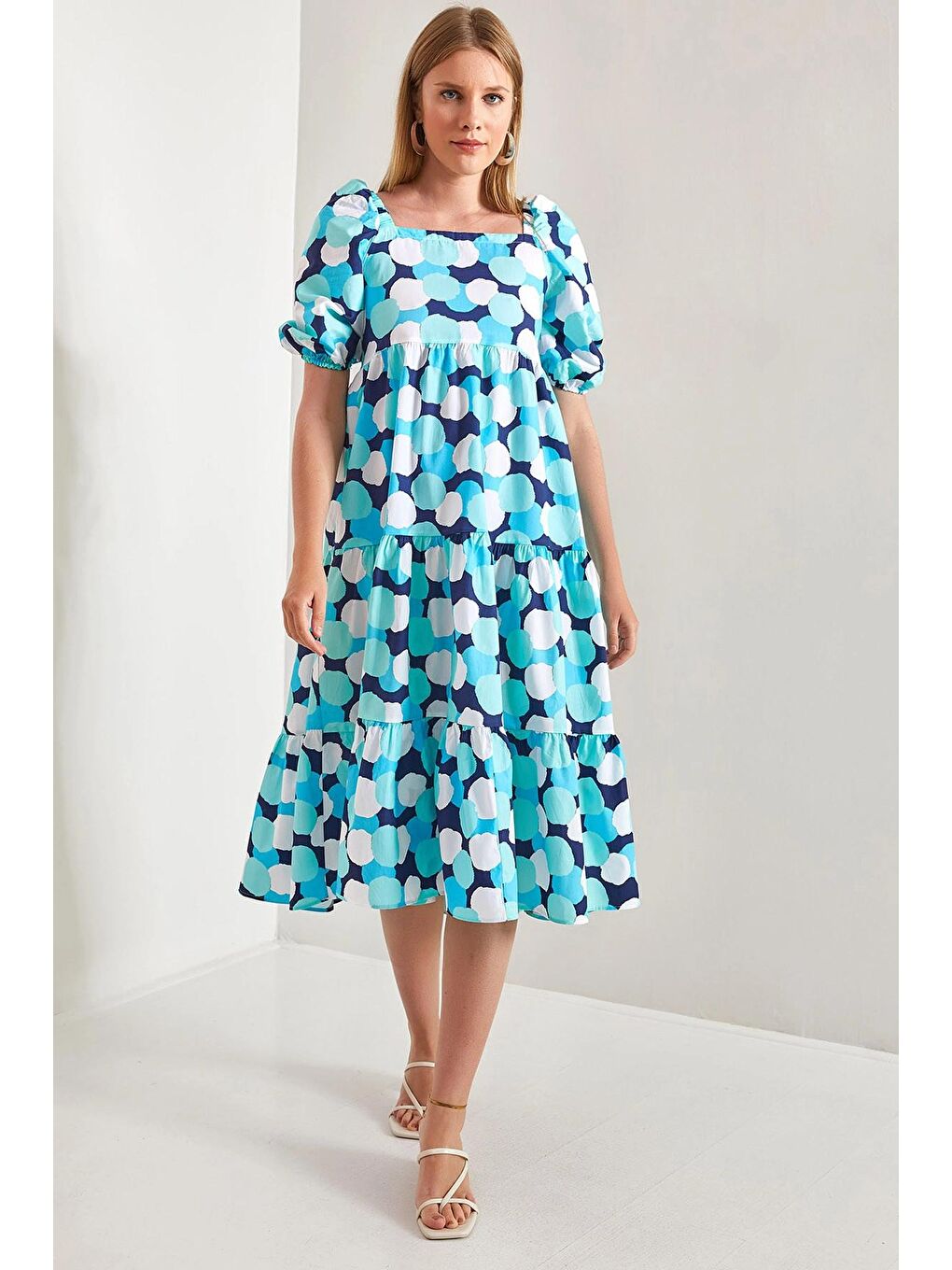 Turkuaz Kadın Kare Yaka Desenli Elbise