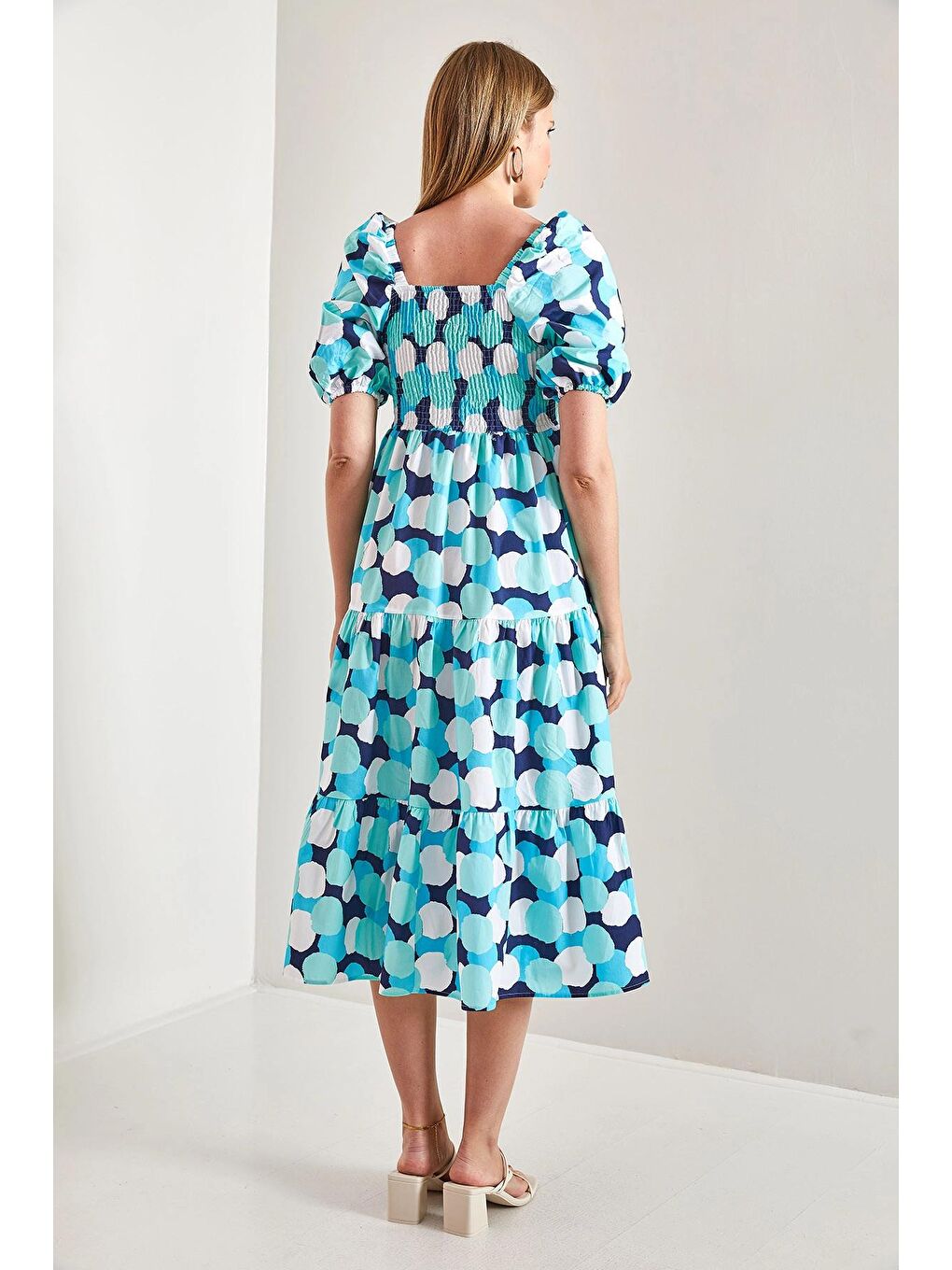 Turkuaz Kadın Kare Yaka Desenli Elbise-1