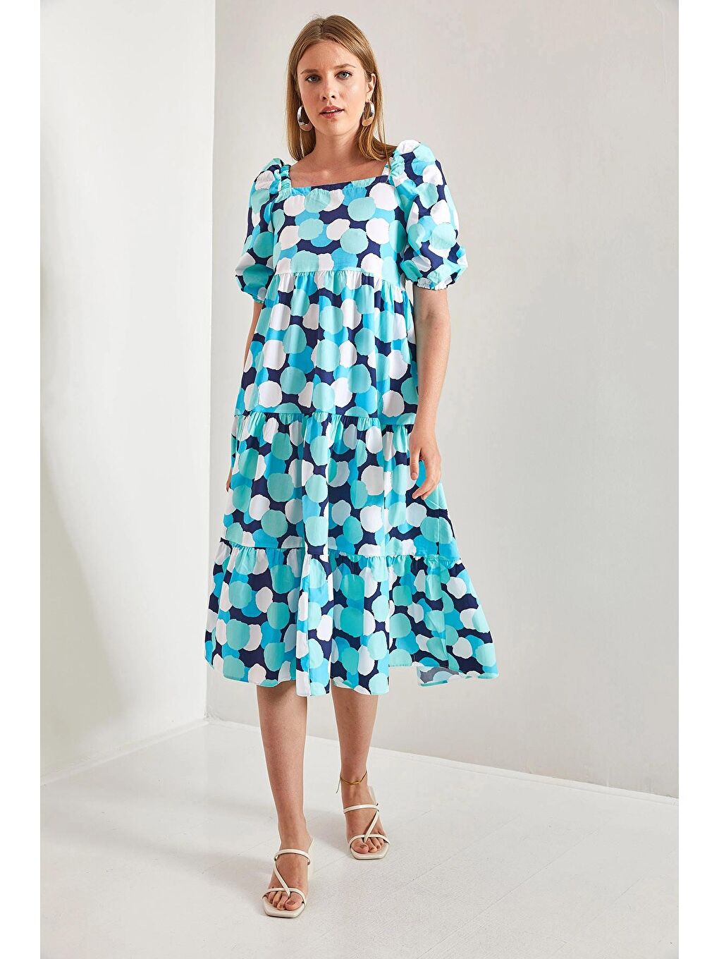 Turkuaz Kadın Kare Yaka Desenli Elbise-2