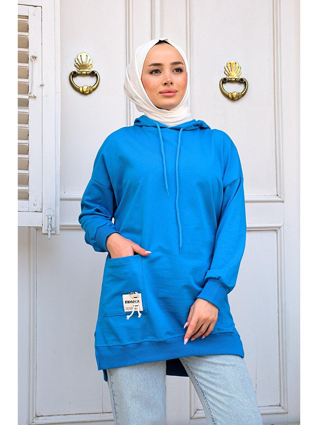 Kapüşonlu Tek Cepli Sweat Mavi-2