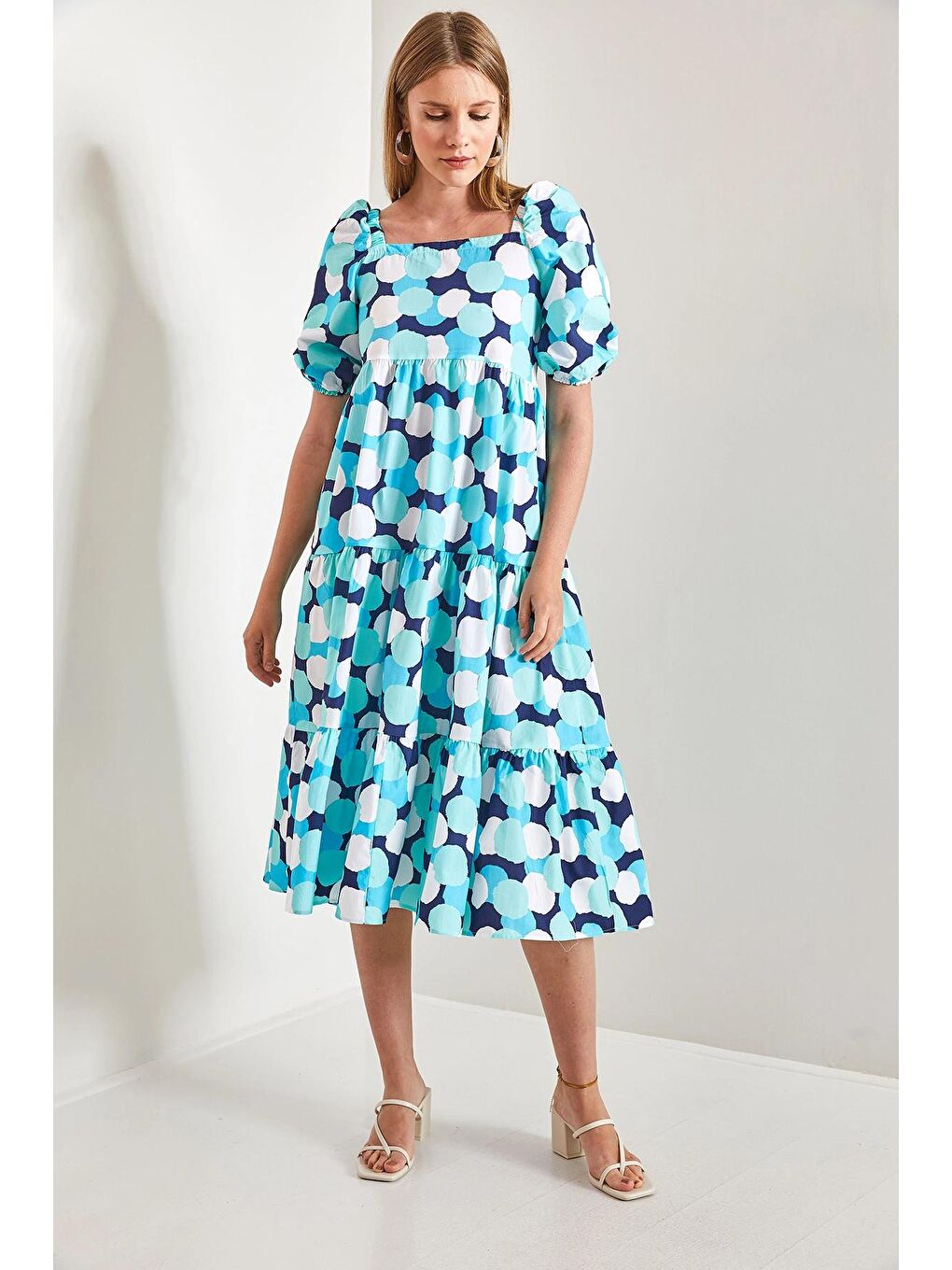 Turkuaz Kadın Kare Yaka Desenli Elbise-3