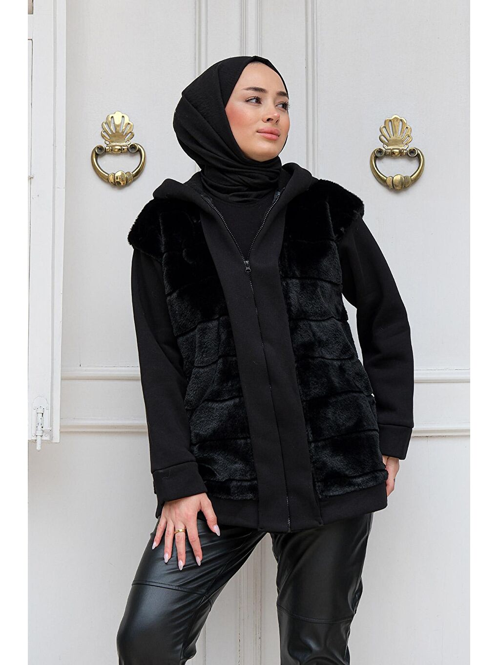 Kapüşonlu Peluş Ceket  Siyah-2